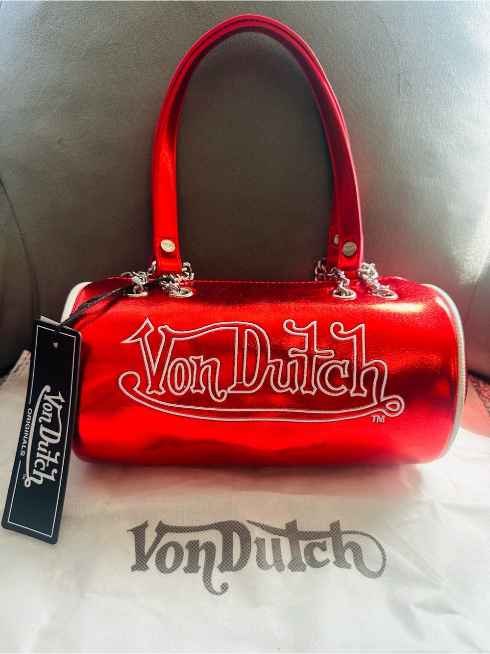 Von Dutch Metallic Red Barrel Shoulder Bag